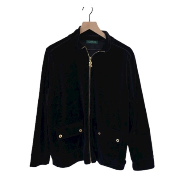 Lauren Ralph Lauren Velour Track Suit Zip Jacket in Black with Button Pockets - Picture 1 of 7